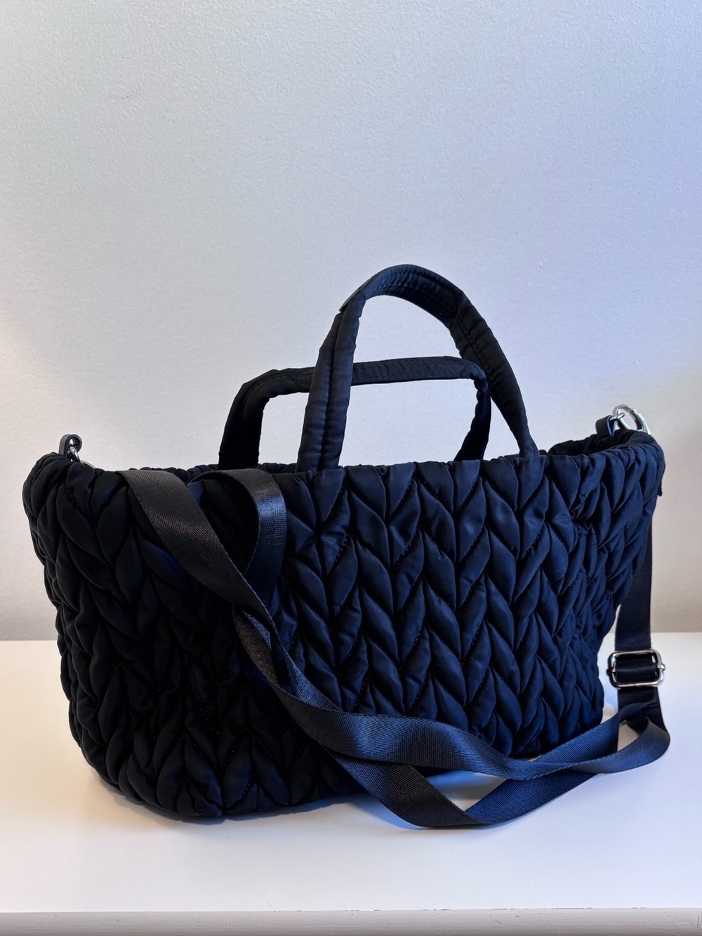 Sondra Roberts Black Quilted Shoulder Bag with top handles removable strap